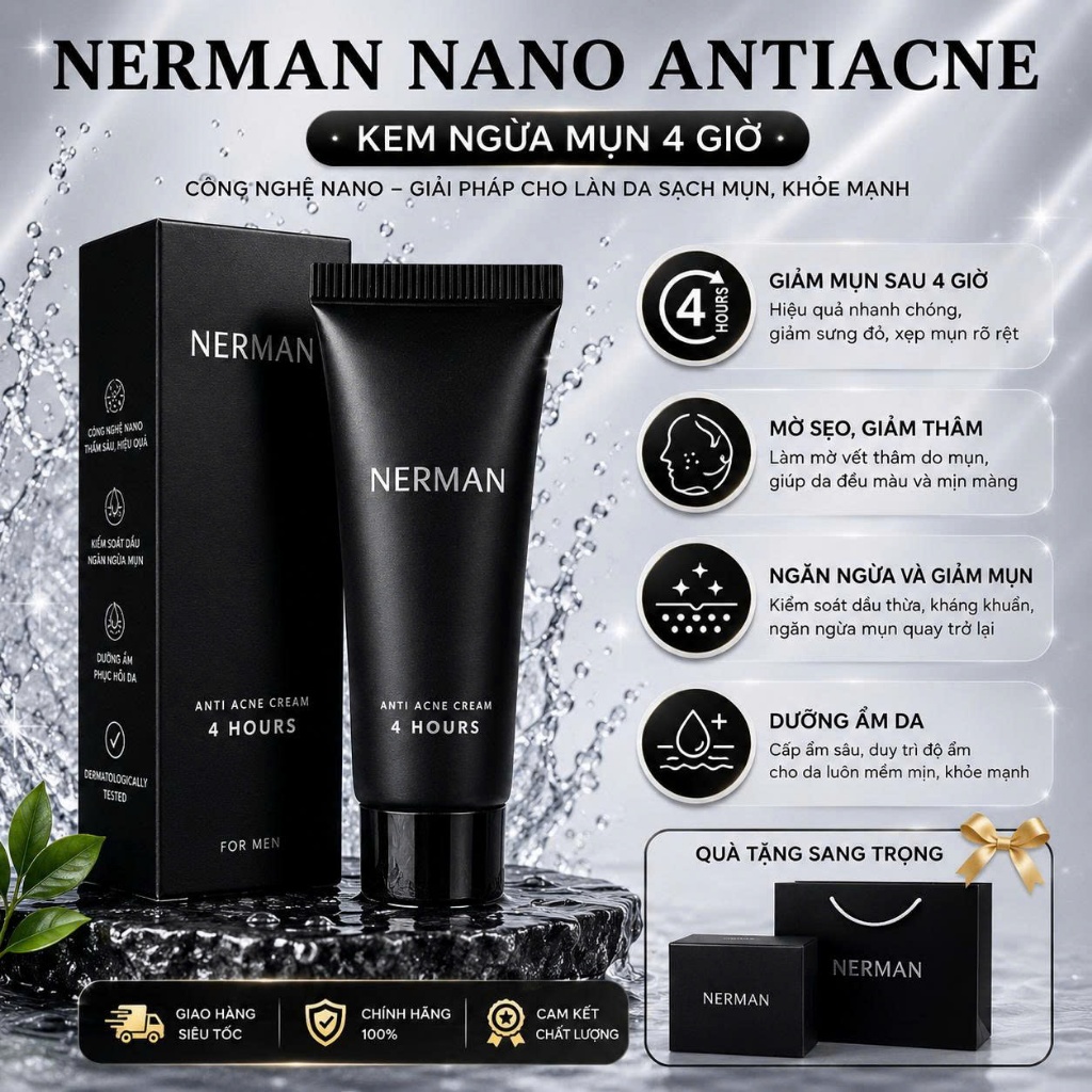Kem Ngừa Mụn Nam Nerman Nano Anti Acne 4 Hours, Dung Tích 10ml/Tuýp - Chính Hãng