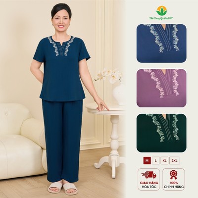 Bộ lanh trung niên mặc nhà thời trang Việt Thắng quần dài, áo cộc tay cổ V họa tiết thêu B28.6102