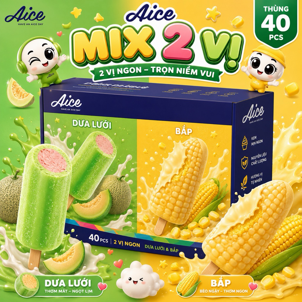 Thùng kem Aice mix bắp-dưa lưới(40 cây)