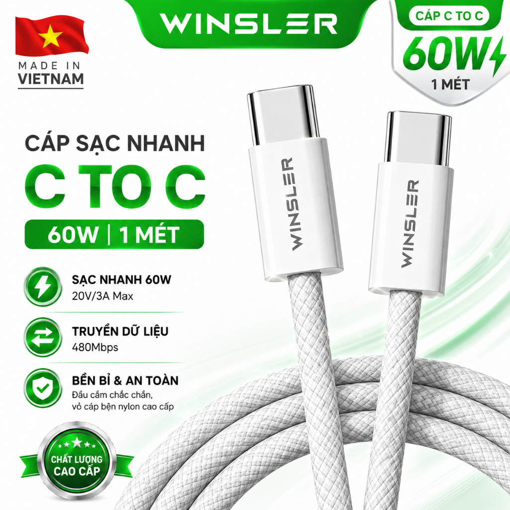 Cáp sạc nhanh Type-C Winsler 60W C to C dài 1m bọc dù dành cho iPhone Samsung iPad MacBook Laptop