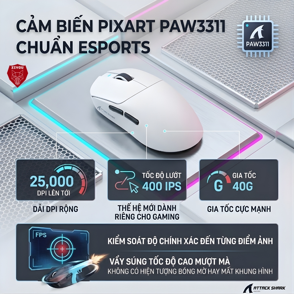 Chuột Không Dây Chuyên Game Ziyou Attack Shark X8SE Cảm Biến PAW3311, 1000Hz, Switch Omron, Pin Sạc | BigBuy360 - bigbuy360.vn