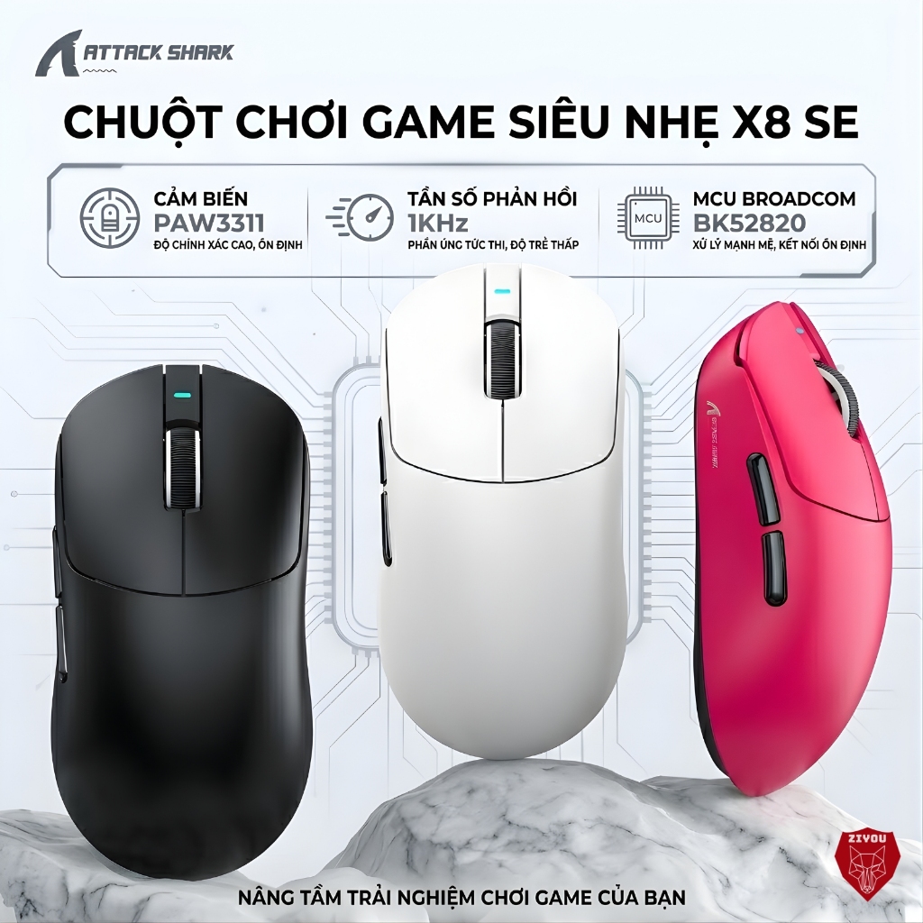 Chuột Không Dây Chuyên Game Ziyou Attack Shark X8SE Cảm Biến PAW3311, 1000Hz, Switch Omron, Pin Sạc | BigBuy360 - bigbuy360.vn