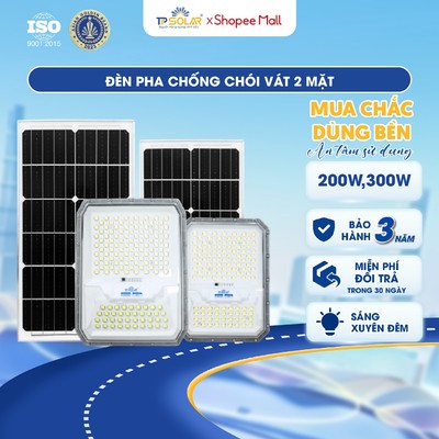 Đèn Pha Năng Lượng Mặt Trời Chống Chói TP SOLAR 300W Chiếu Sáng 150-250m2, Vát 2 Mặt Đèn, Vỏ Nhôm Đúc