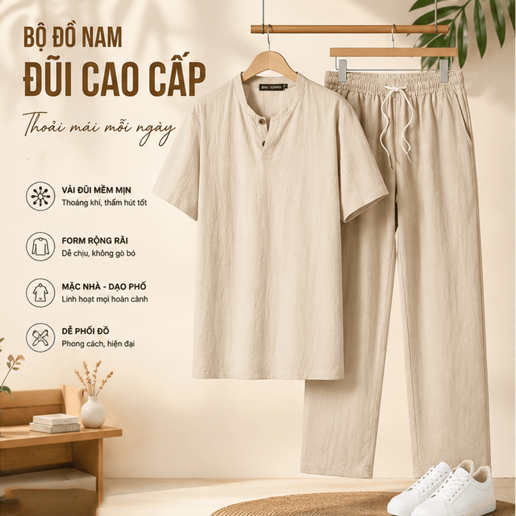 Bộ Đũi Nam Màu Be Cao Cấp Form Rộng - Mặc Mát Cả Ngày, Đi Chơi Đi Phố Cực Đẹp