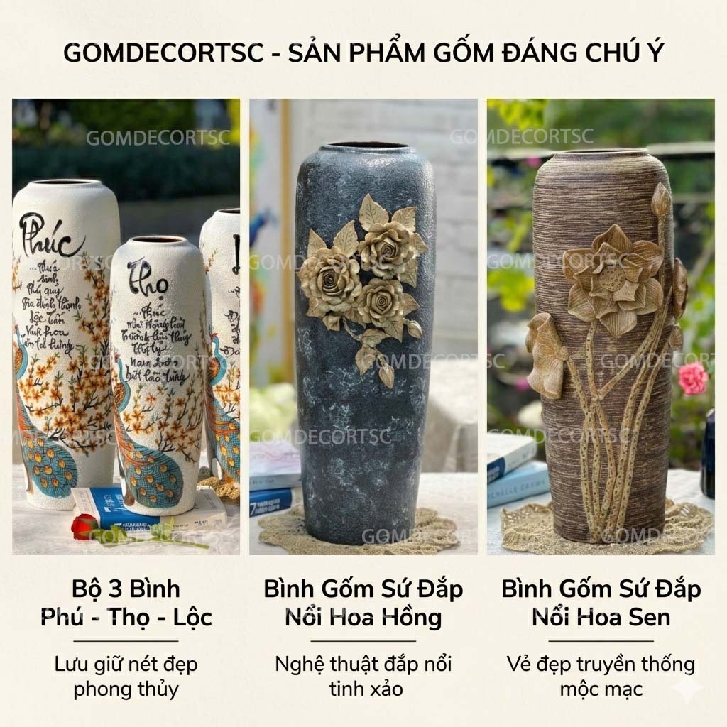 Bình Hoa Gốm Bát Tràng Dáng Bom Cao 40cm 45cm 50cm GomDecorTSC
