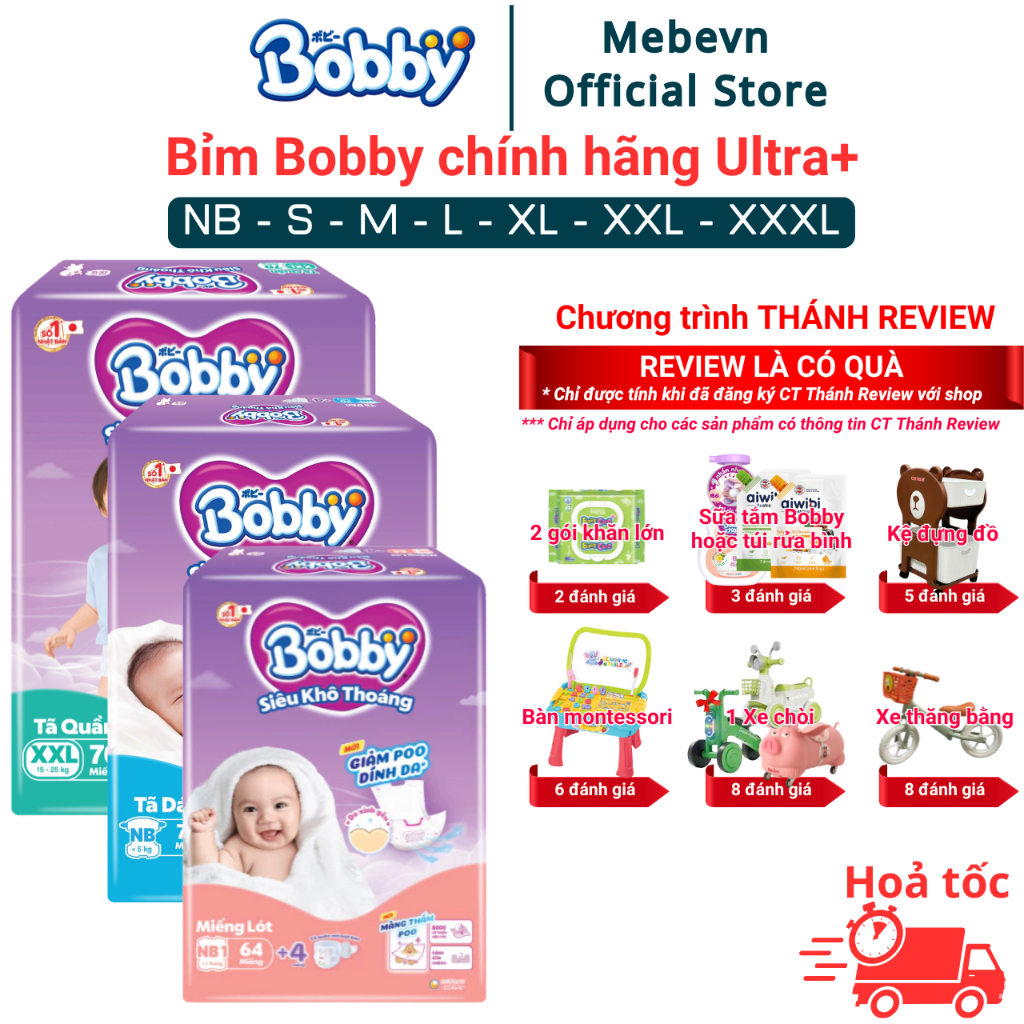 Bỉm Bobby chính hãng Ultra+ siêu nhiều miếng, tã quần Bobby siêu khô thoáng đủ size tã Dán/Quần