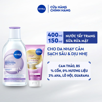 Bộ Nước Tẩy Trang NIVEA Soothing Dịu Da 400ml & Sữa Rửa Mặt Luminous Skin Glow Sáng Da Tạo Bọt 150ml - (99400+89259)