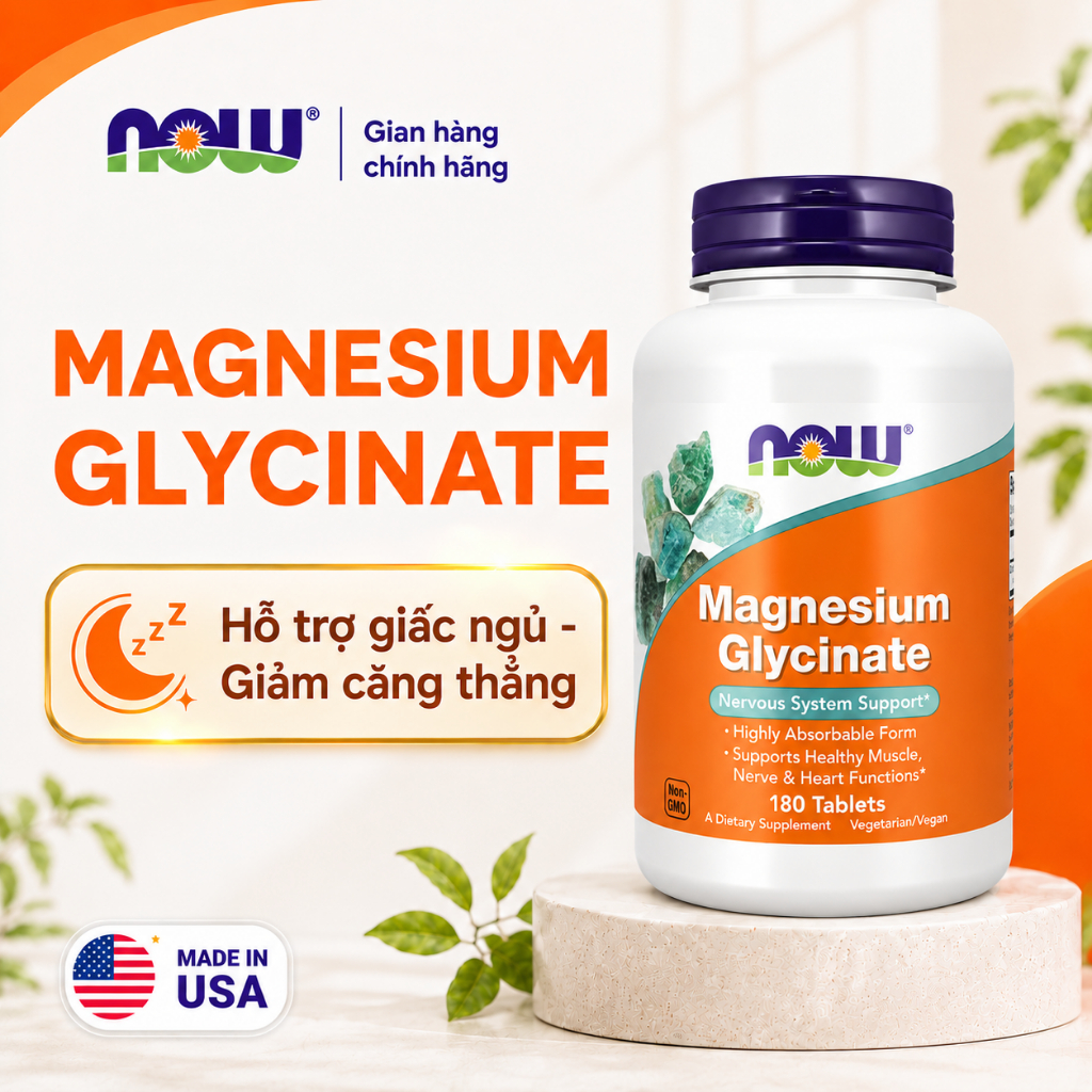 Viên magie hữu cơ Magnesium Glycinate Now hấp thụ cực tốt, hỗ trợ giấc ngủ, giảm stress