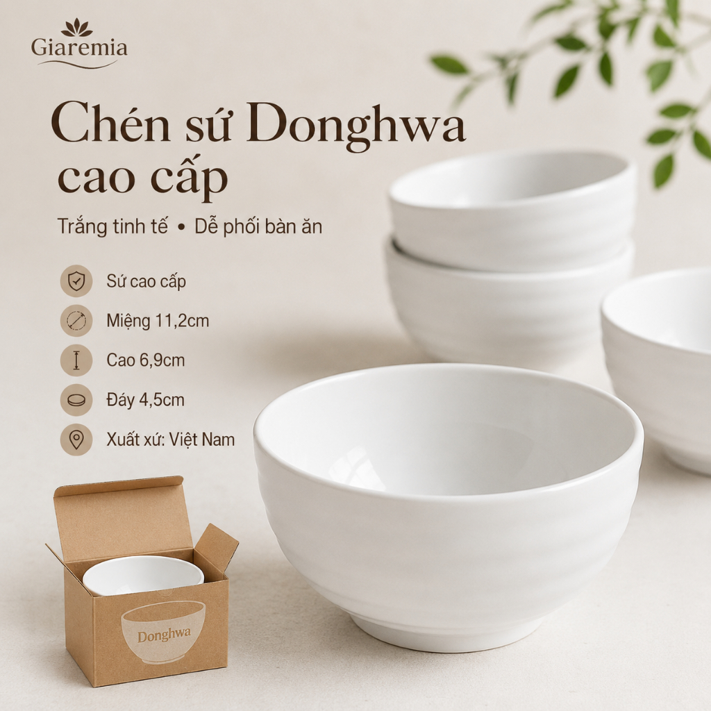 Bộ Chén sứ trắng Donghwa có logo Vinamilk - Quà tặng từ Vinamilk