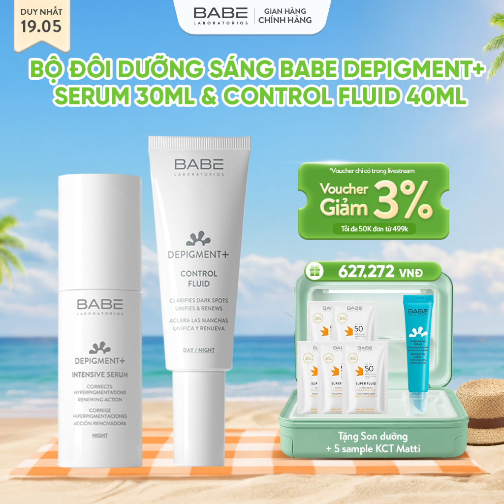 Bộ Đôi Tinh Chất Và Kem Dưỡng Dưỡng Sáng Mờ Thâm Nám BABE DEPIGMENT+ Intensive Serum 30ml & Control Fluid 40ml | BigBuy360 - bigbuy360.vn