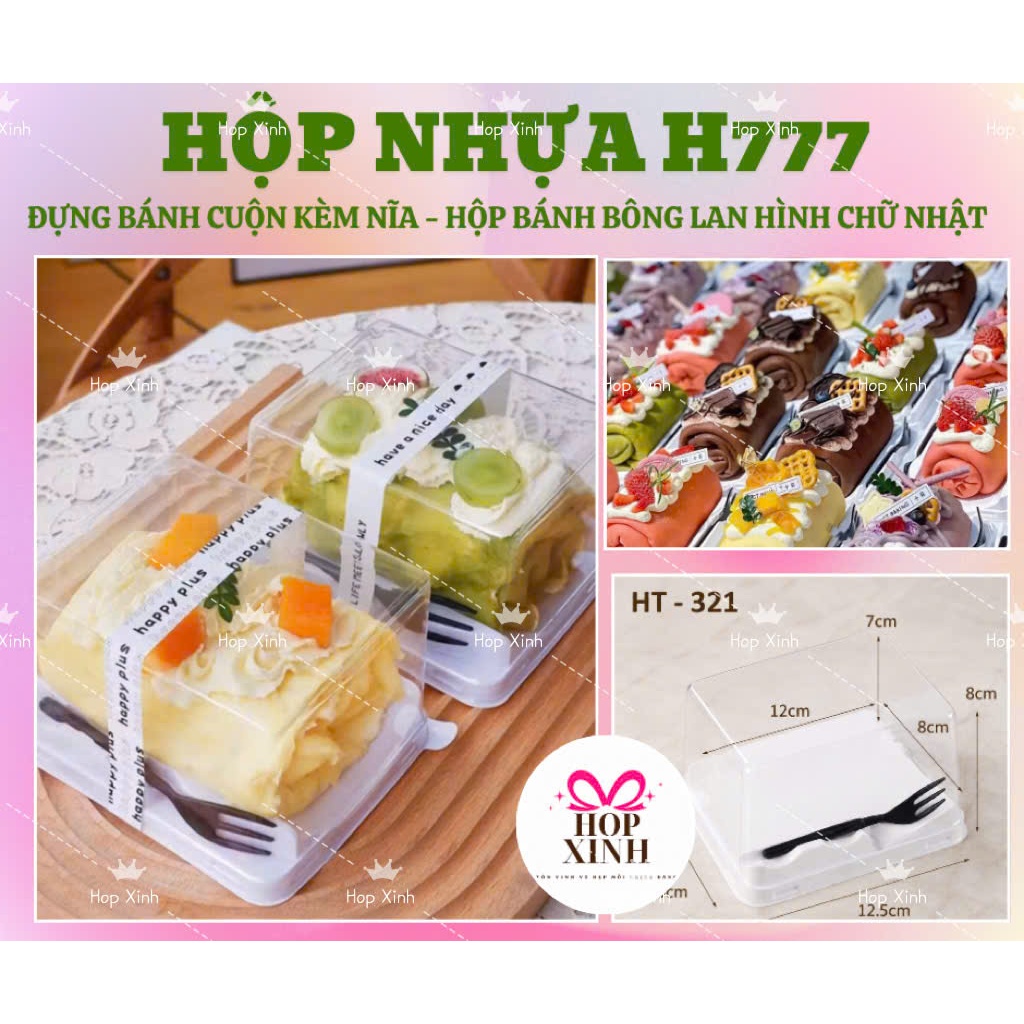 50 Hộp Nhựa H777 Đựng Bánh Cuộn Kèm Nĩa - Hộp Bánh Bông Lan Hình Chữ Nhật | Hộp Xinh