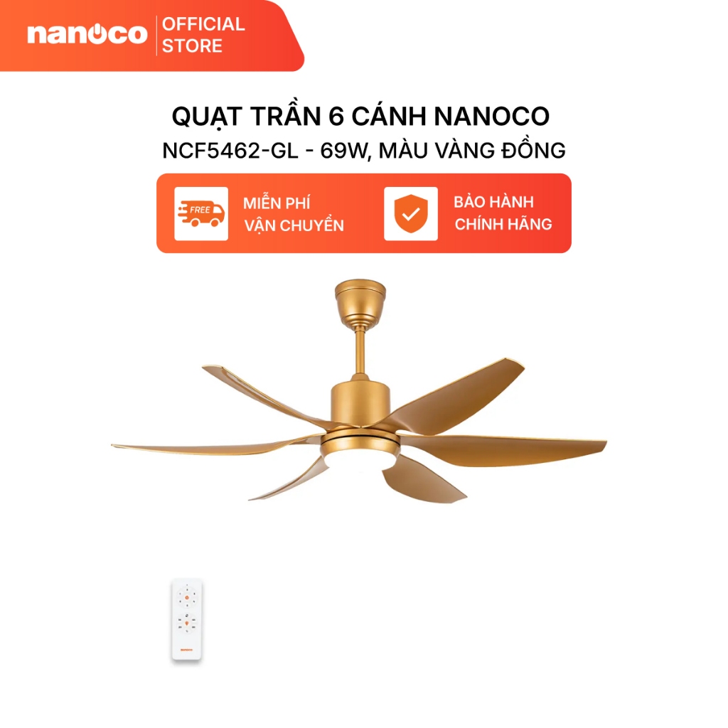 Quạt trần 6 cánh - Đèn LED có remote Nanoco model NCF5462 (Công suất 69W, Động cơ DC, Màu vàng đồng/