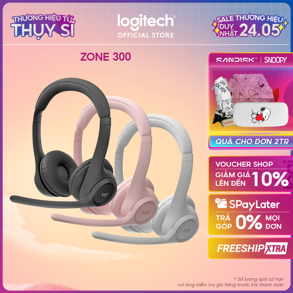 Tai nghe Bluetooth không dây Logitech Zone 300 - Micrô khử ồn, Windows, Mac