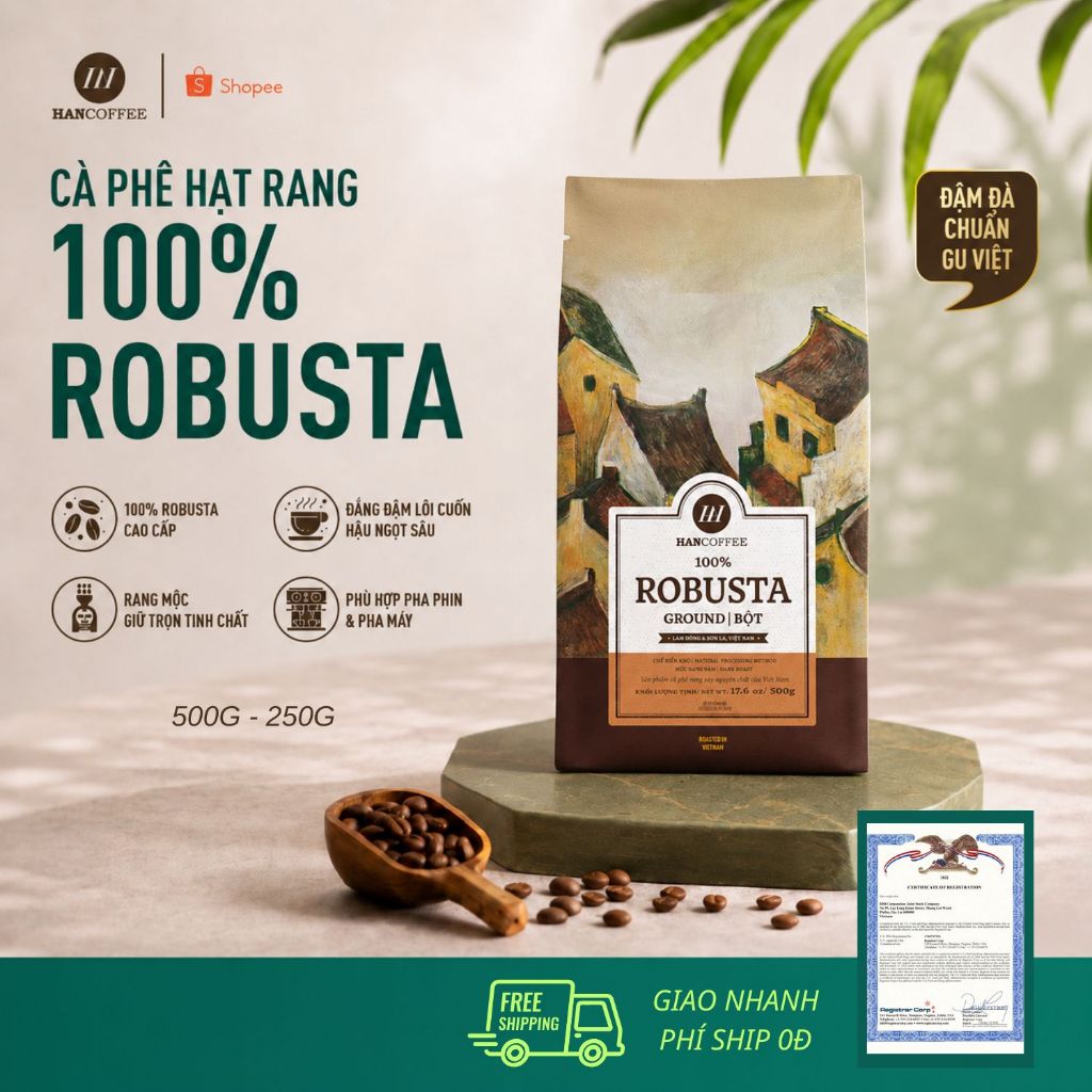 Cà phê rang xay pha phin Standard Robusta Ground HANCOFFEE dạng bột đậm vị nguyên chất