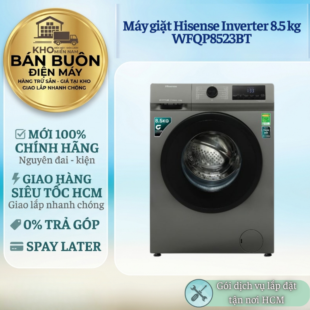 WFQP8523BT Máy Giặt Hisense 8.5kg Inverter – Giặt Hơi Nước Diệt Khuẩn, Tiết Kiệm Điện | WFQP8523BT