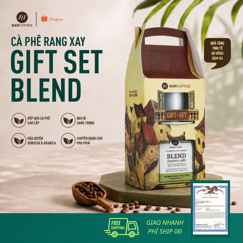 Cà Phê Rang Xay Gift Set Hancoffee Gồm Combo Cà phê Blend Túi 250gr + Phin cafe