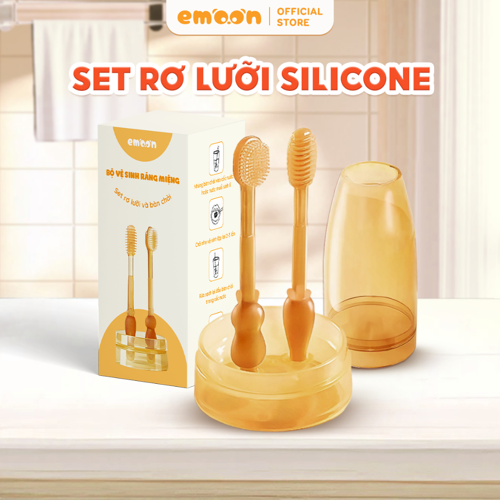 Set rơ lưỡi và bàn chải Emoon Silicone mềm, an toàn, nhẹ nhàng vệ sinh sạch…
