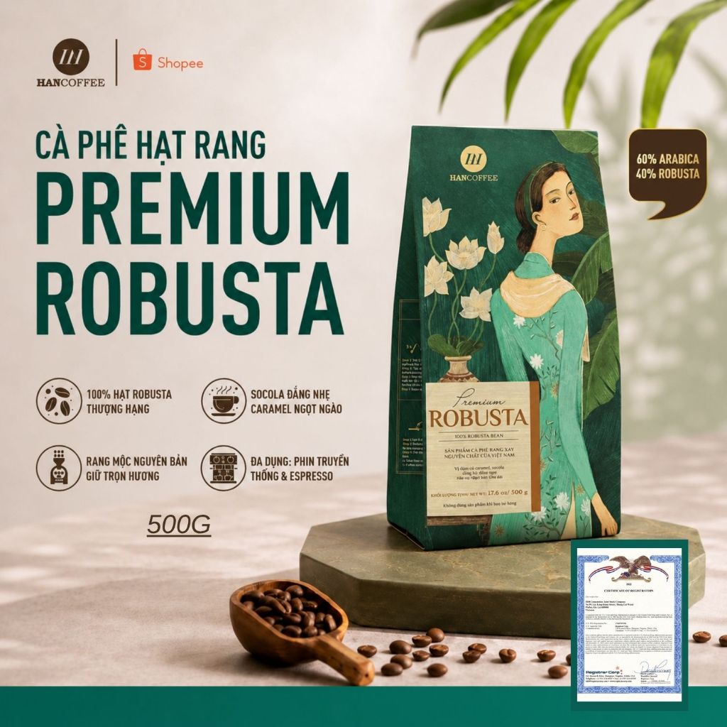 Cà Phê Hạt Nguyên Chất Premium 100% Robusta - Đậm Vị Caramel Bao Bì Sang Trọng HANCOFFEE