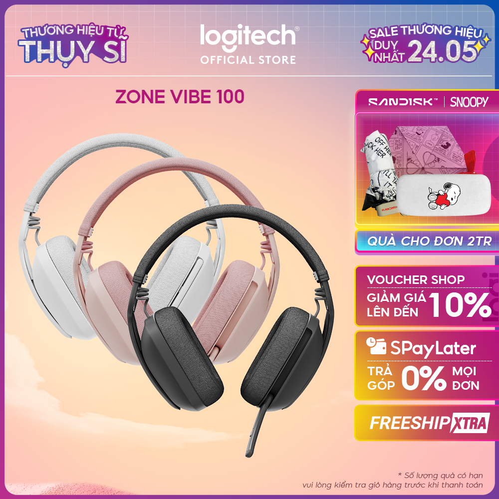 Tai nghe không dây Logitech Zone Vibe 100 - Nhẹ, micrô khử ồn, Bluetooth đa điểm, Google Meet, Zoom