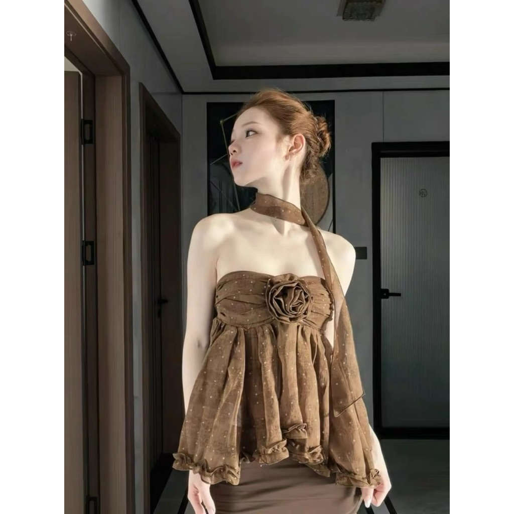 Set áo quây chấm bi nâu kèm choàng cổ + chân váy ngắn TABISHOP Set đồ nữ sang chảnh mặc hè đi chơi đi tiệc(339) | BigBuy360 - bigbuy360.vn