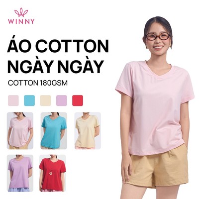 Áo thun WINNY cotton 180gsm co giãn basic tay ngắn form vừa cổ tim mỏng mát 1HACT26007N