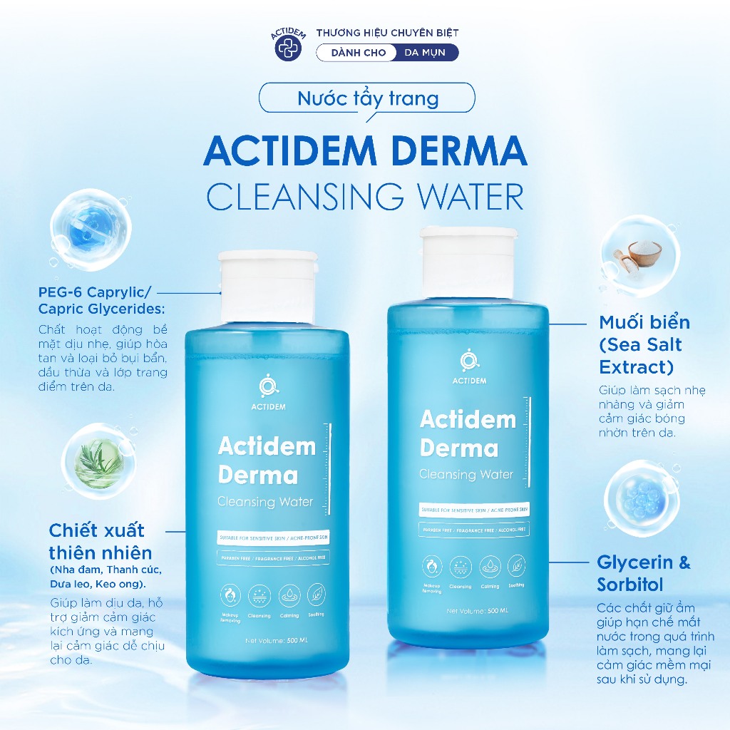 Tẩy trang không cay mắt Actidem Derma Cleansing Water cho da mụn, nhạy cảm 50/480/500ml