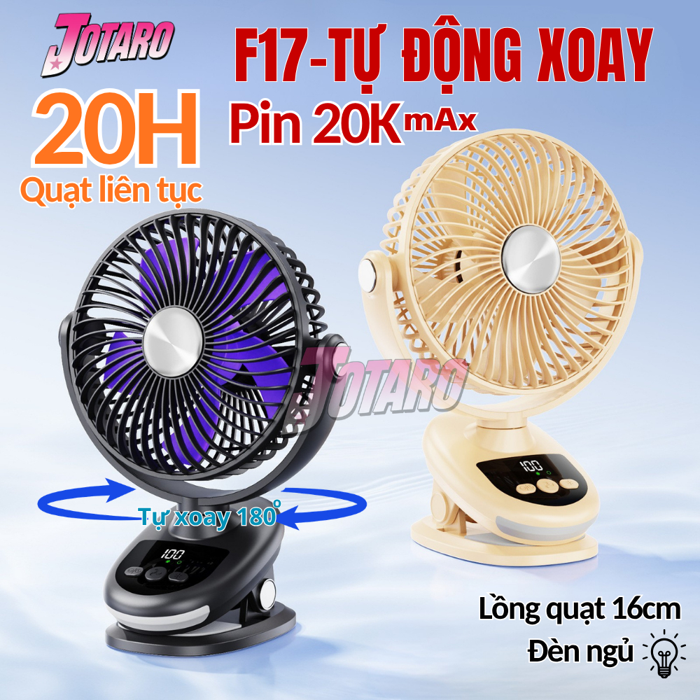 Quạt Kẹp Tích Điện JOTARO F17 XOAY TỰ ĐỘNG, Pin Trâu, Màn hình LED