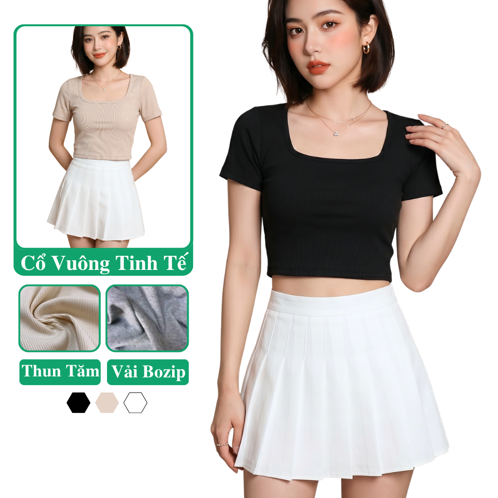 Áo Thun Croptop Body Cổ Vuông Tay Ngắn Madela Dáng Ôm Vải Thun Co Giãn, Croptop Thun Nữ Ngắn Tay Cổ 