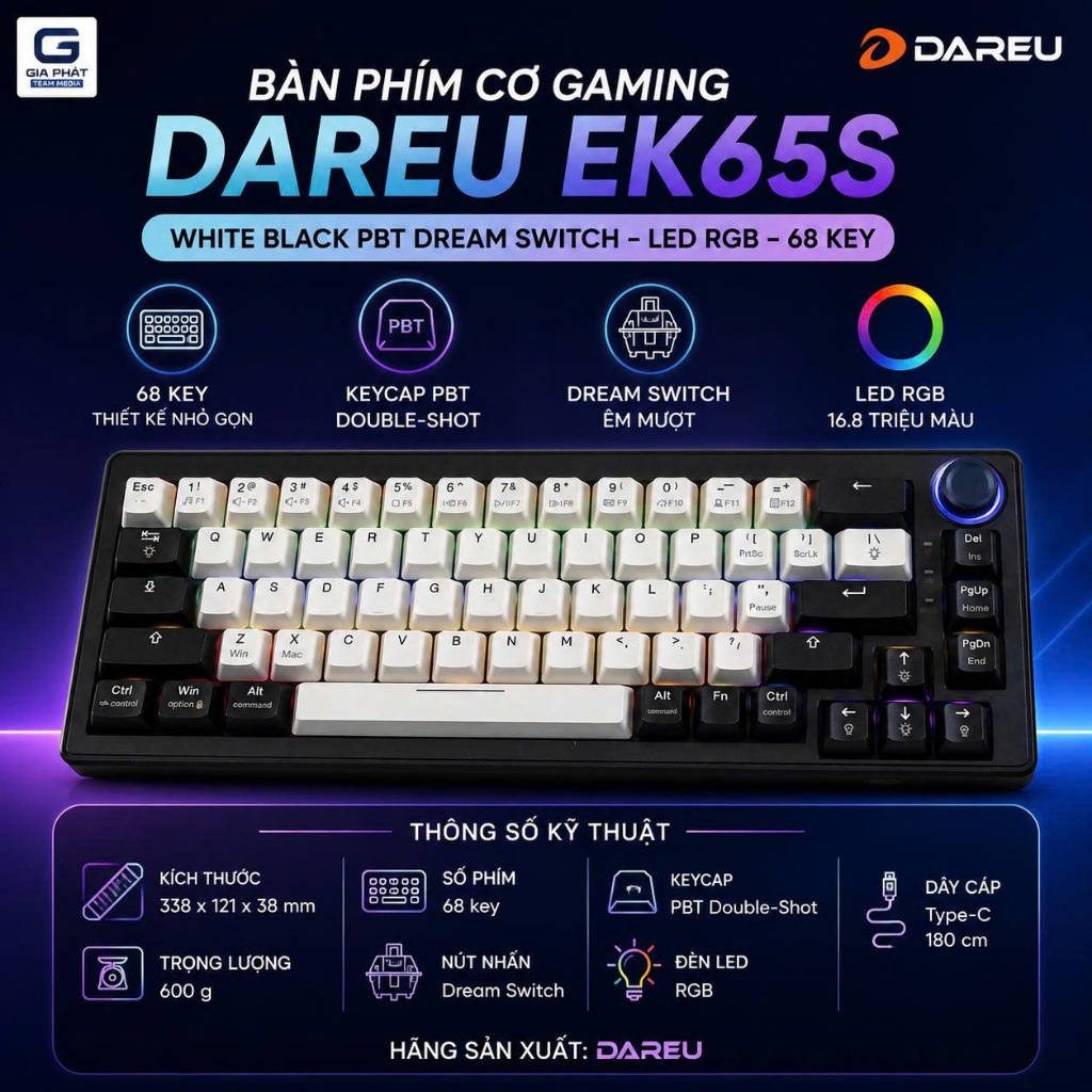 Bàn phím cơ Gaming DAREU EK65S White Black PBT Dream Switch - LED RGB - 68 key