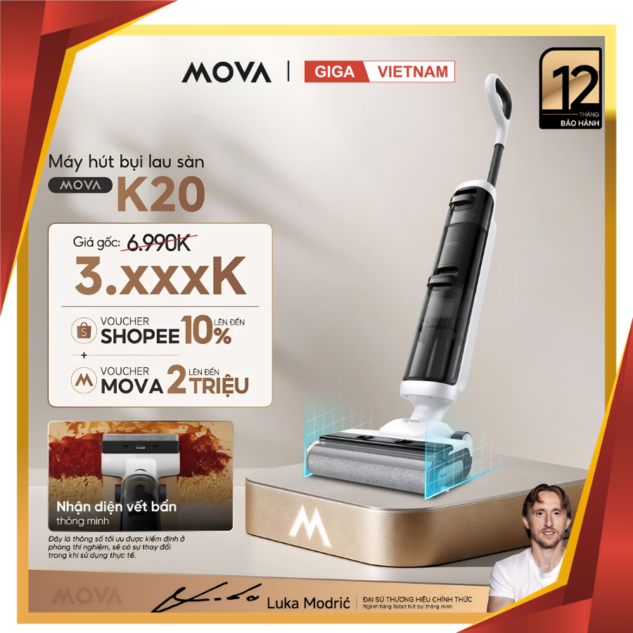 Máy hút bụi lau nhà Mova K20 Pro - Khô và ướt đa năng - Lực hút 7000Pa - Pin 30 phút - Bảo hành 12T