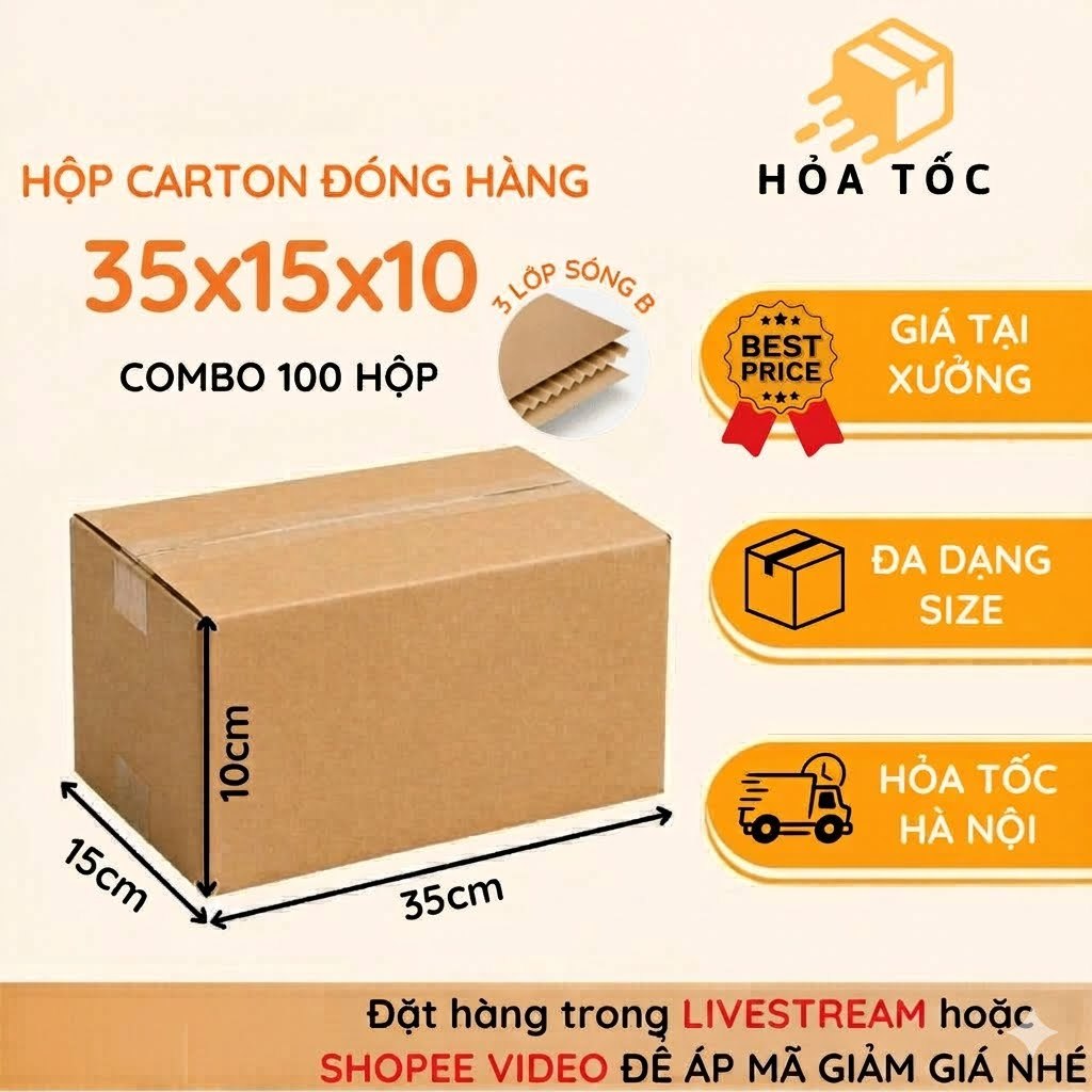 [COMBO] 100 Hộp carton 35x15x10 hộp hỏa tốc, đóng hàng siêu nhanh