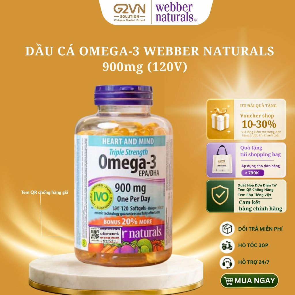 [HÀNG CÔNG TY] Dầu cá Omega 3 Triple Strength 900mg EPA/DHA Webber Natural hộp 120 viên