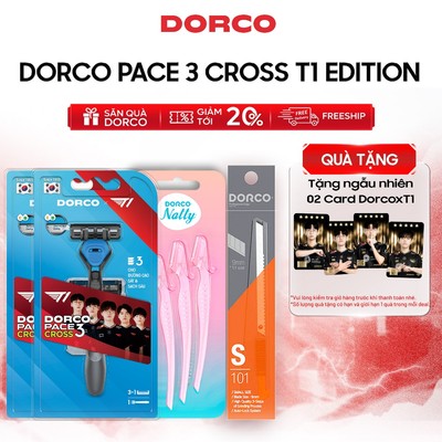 [Tặng-2-Black-Card] 2 Bộ Dao Cạo Râu Hàn Quốc 3 Lưỡi DORCO PACE 3 CROSS T1 Edition + 1 Vỉ 3 Dao Cạo Mày + 1 Dao Rọc Giấy