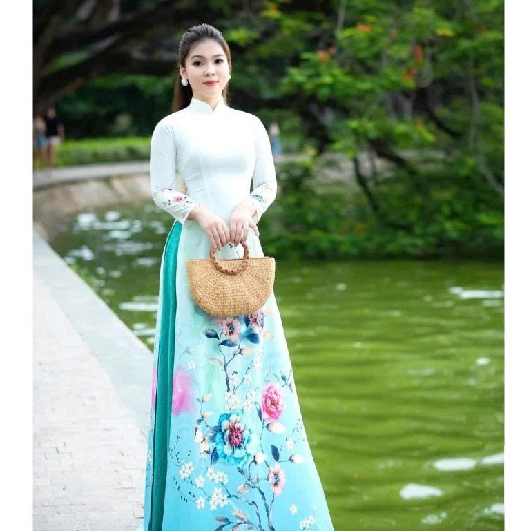 E73 - Áo Dài Trắng In Hoa 3D Cao Cấp Thanh Lịch Dịu Dàng