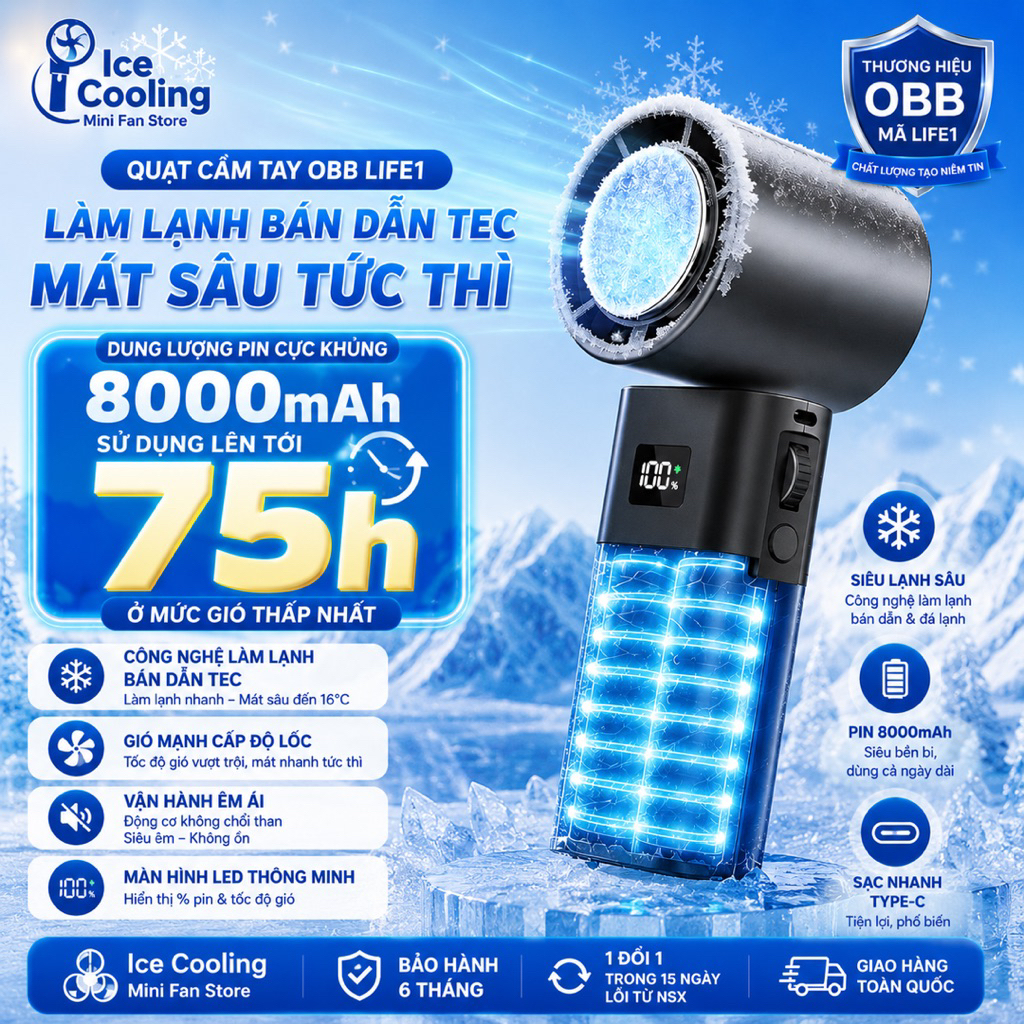 Quạt cầm tay mini có Sò Lạnh pin 8000mAh