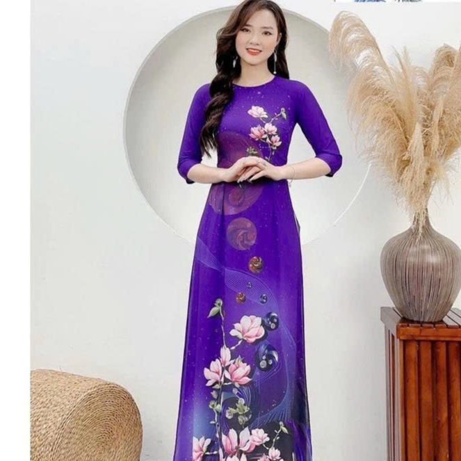 E75 - Áo Dài Tím Huế In Hoa Sang Trọng Chất Lụa Mềm