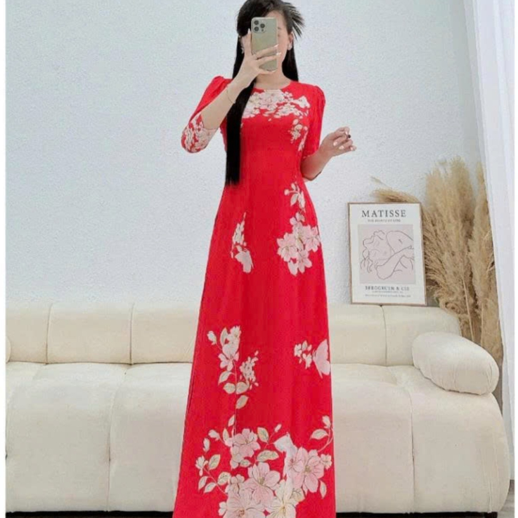 E77 - Áo Dài Màu Đỏ In Hoa Bản Lớn Thanh Lịch Tôn Dáng
