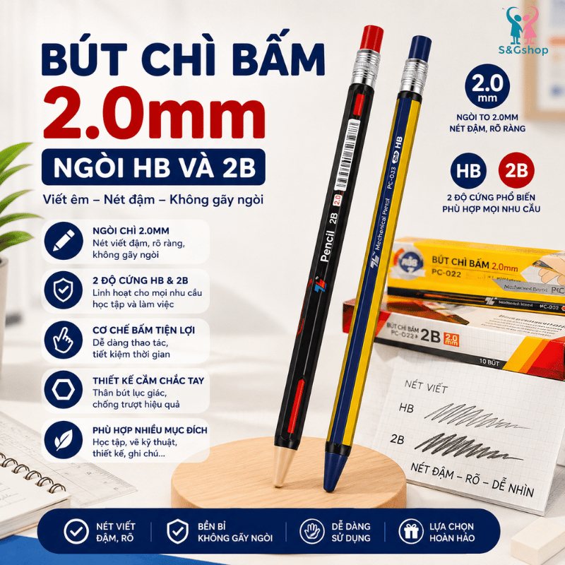 2 Cây Bút chì bấm ngòi 2.0mm Thiên Long