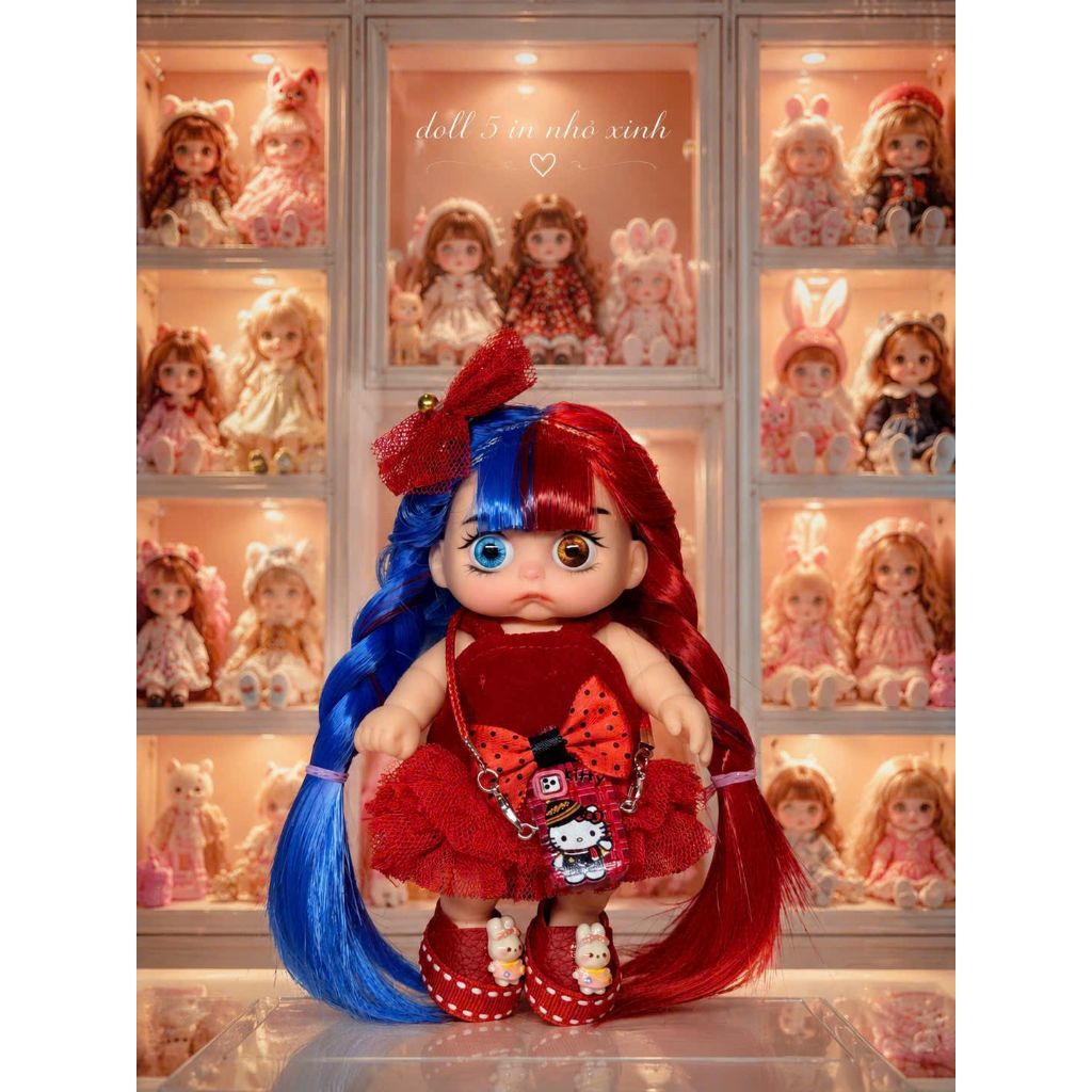 Doll 5inch gái thay mắt màu tóc mix xanh đỏ xinh gái(tặng kẹp tóc vòng tay)