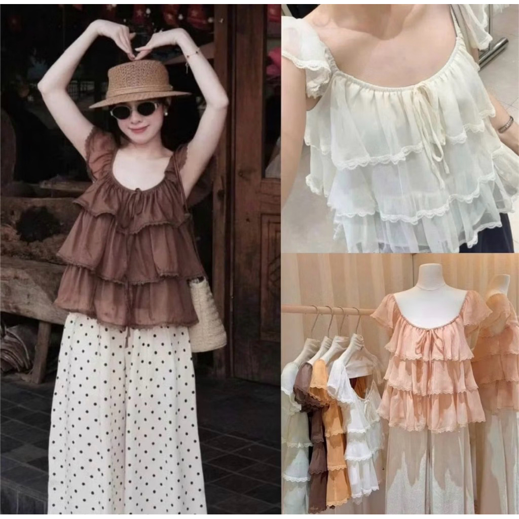 Áo voan babydoll bèo tầng cánh tiên JUNE SHOP, basic dễ mặc mềm mát