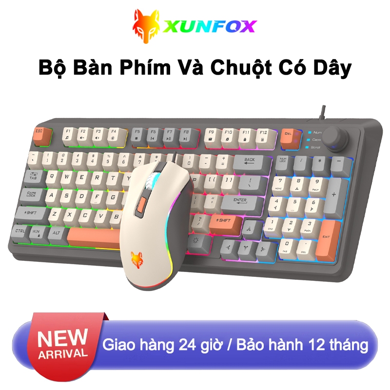 Bàn Phím Chống Ồn Có Dây XUNFOX Có Đèn RGB Và Núm âm lượng
