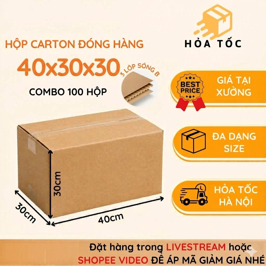 [COMBO] 100 Hộp carton 40x30x30 hộp hỏa tốc, đóng hàng siêu nhanh