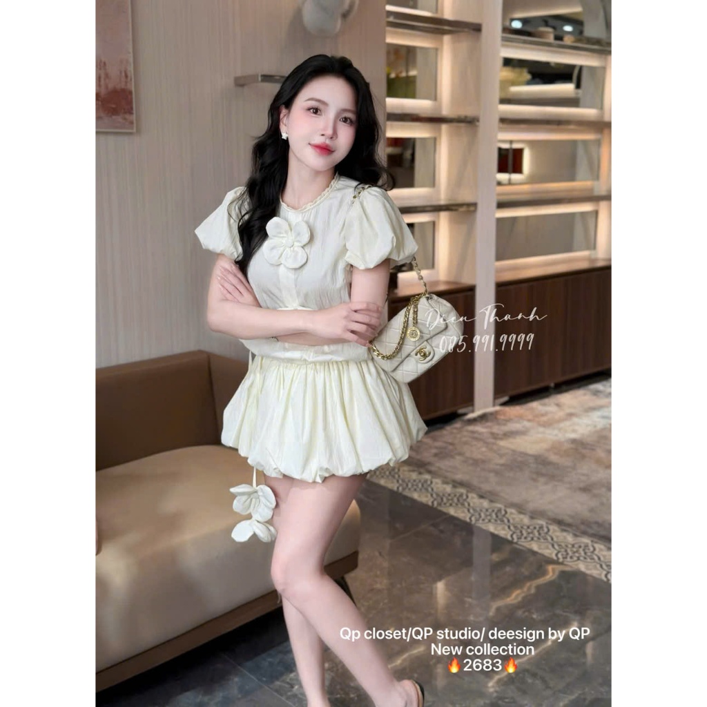 Váy ngắn nữ phối hoa nổi tay phồng phong cách tiểu thư Hàn Quốc dáng xòe trẻ trung đi chơi cafe | BigBuy360 - bigbuy360.vn