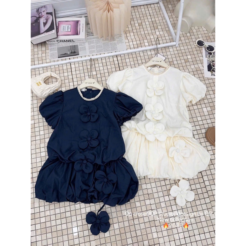 Váy ngắn nữ phối hoa nổi tay phồng phong cách tiểu thư Hàn Quốc dáng xòe trẻ trung đi chơi cafe | BigBuy360 - bigbuy360.vn