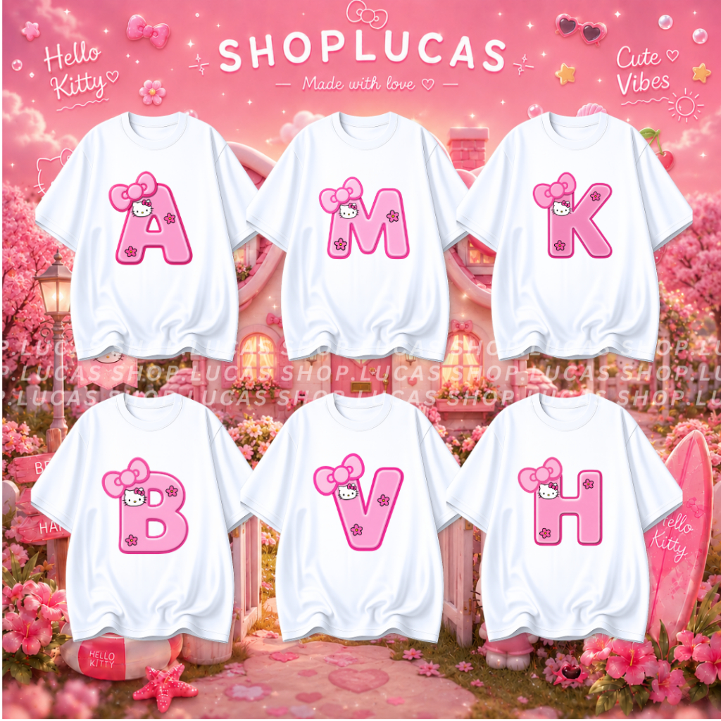 Áo Thun HELLO KITTY In Chữ Cái Đính Nơ Hồng Dễ Thương Cute Unisex Form Rộng Local Brand Shop Lucas