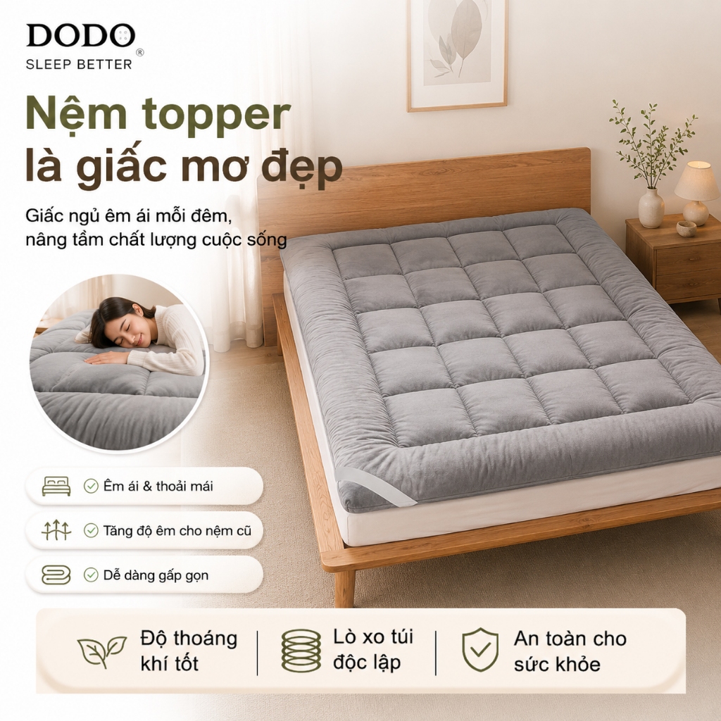 DODO Nệm Topper Lông Vũ Tơ Êm Mềm, Nệm Lót Giường Gấp Gọn Thoáng Khí, Dày 3cm/5cm, Nhiều Kích Thước