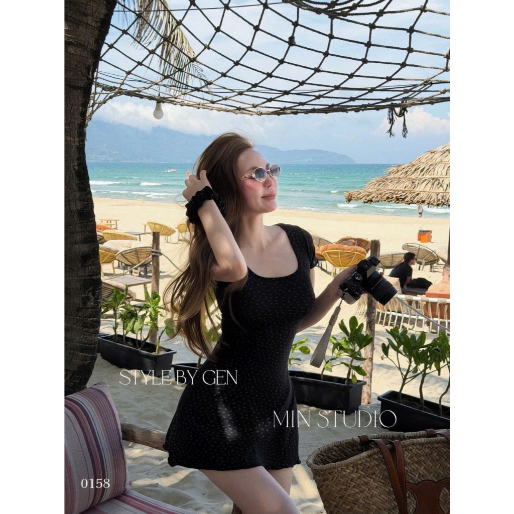 Váy ngắn nữ body tay ngắn cổ vuông dáng xòe phong cách Hàn Quốc mặc đi biển cực xinh | BigBuy360 - bigbuy360.vn