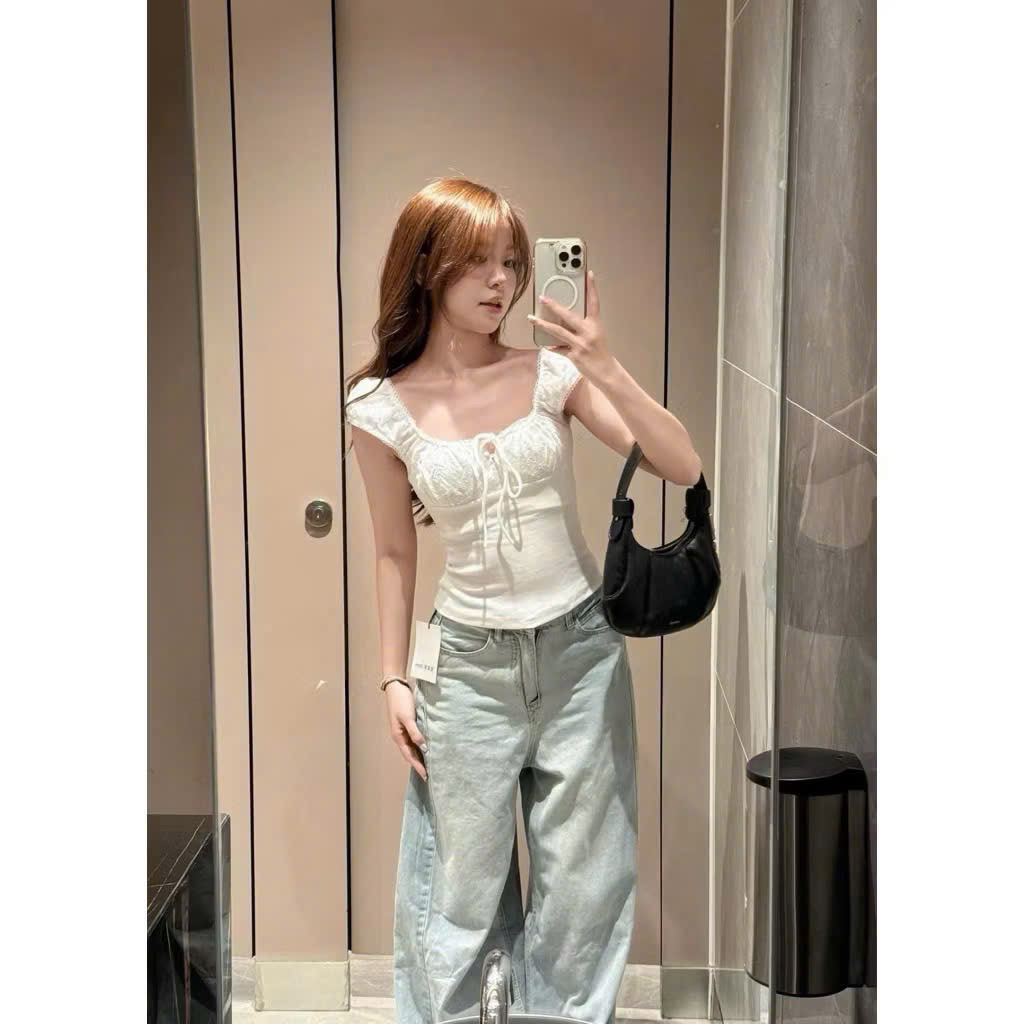 [HÀNG SẴN] Áo thun zip phối thô ren nơ ngực ôm body TINA TOP | BigBuy360 - bigbuy360.vn
