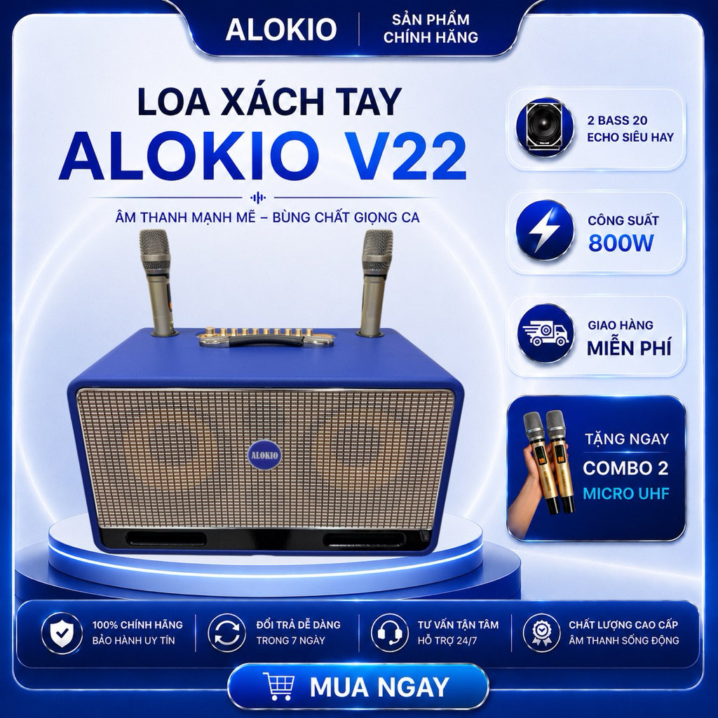 [CHÍNH HÃNG] Loa Kéo Xách Tay ALOKIO V22 2 Bass 20 Kèm 2 Mic Karaoke Bluetooth Công Suất Lớn - Màu X