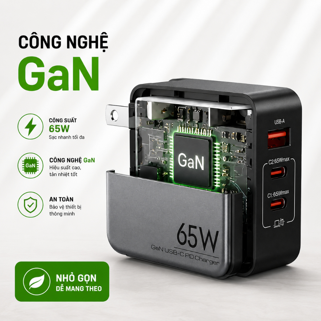 Củ Sạc Nhanh GaN 65W Winsler 3 Cổng (2C1A) Chính Hãng Cho Laptop MacBook iPhone Samsung